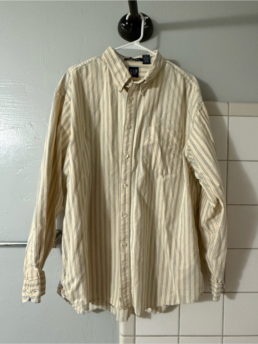 GAP Men's Butter Yellow Button-Down Shirt with Blue Stripes